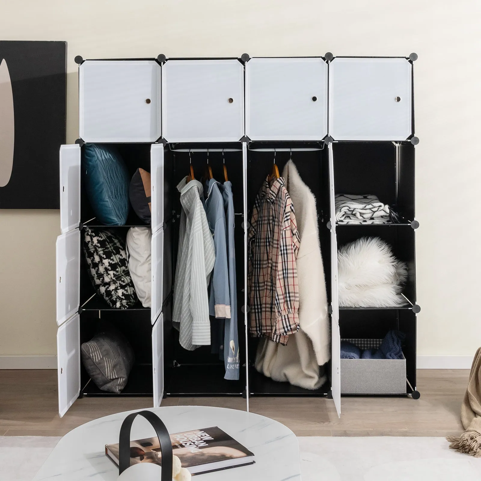 16 Cube Cabinet Storage Organizer with 2 Clothes Hanging Rails