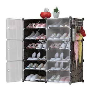 6-Tier 2-Row Shoe Rack Organizer Stackable Free Standing Shoe Storage Shelf Plastic Shoe Cabinet Tower with Transparent Doors for Heels Boots Slippers