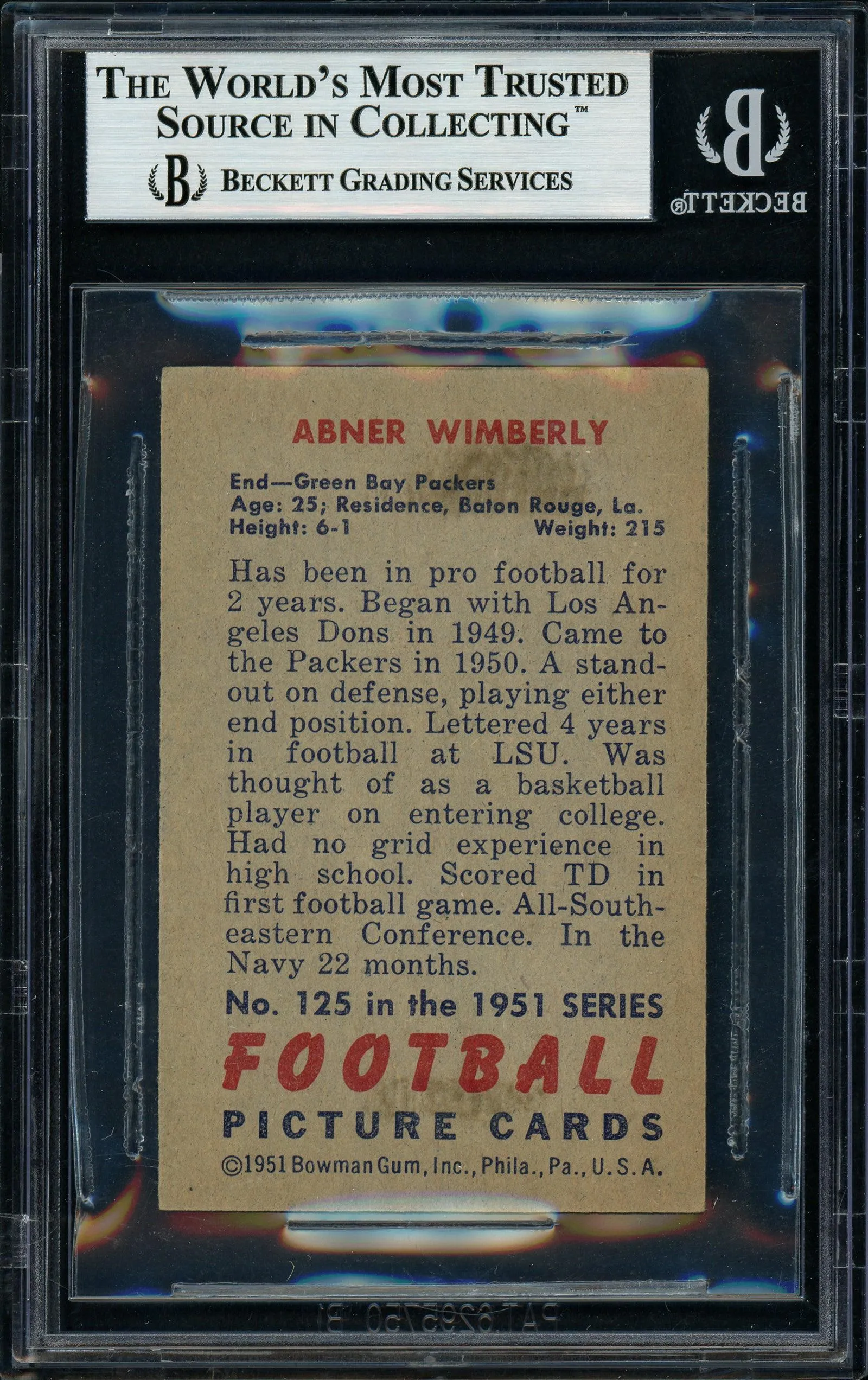 Abner Wimberly Autographed 1951 Bowman Rookie Card #125 Green Bay Packers Died 1976 Beckett BAS #11481291