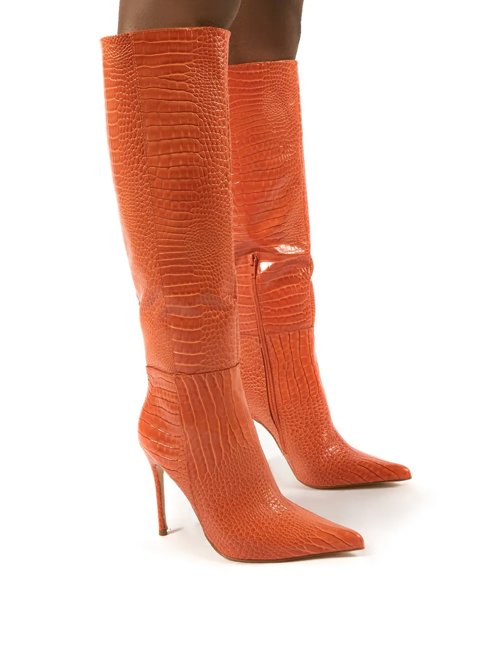 Aimi Orange Croc Knee High Stiletto Heel Boots