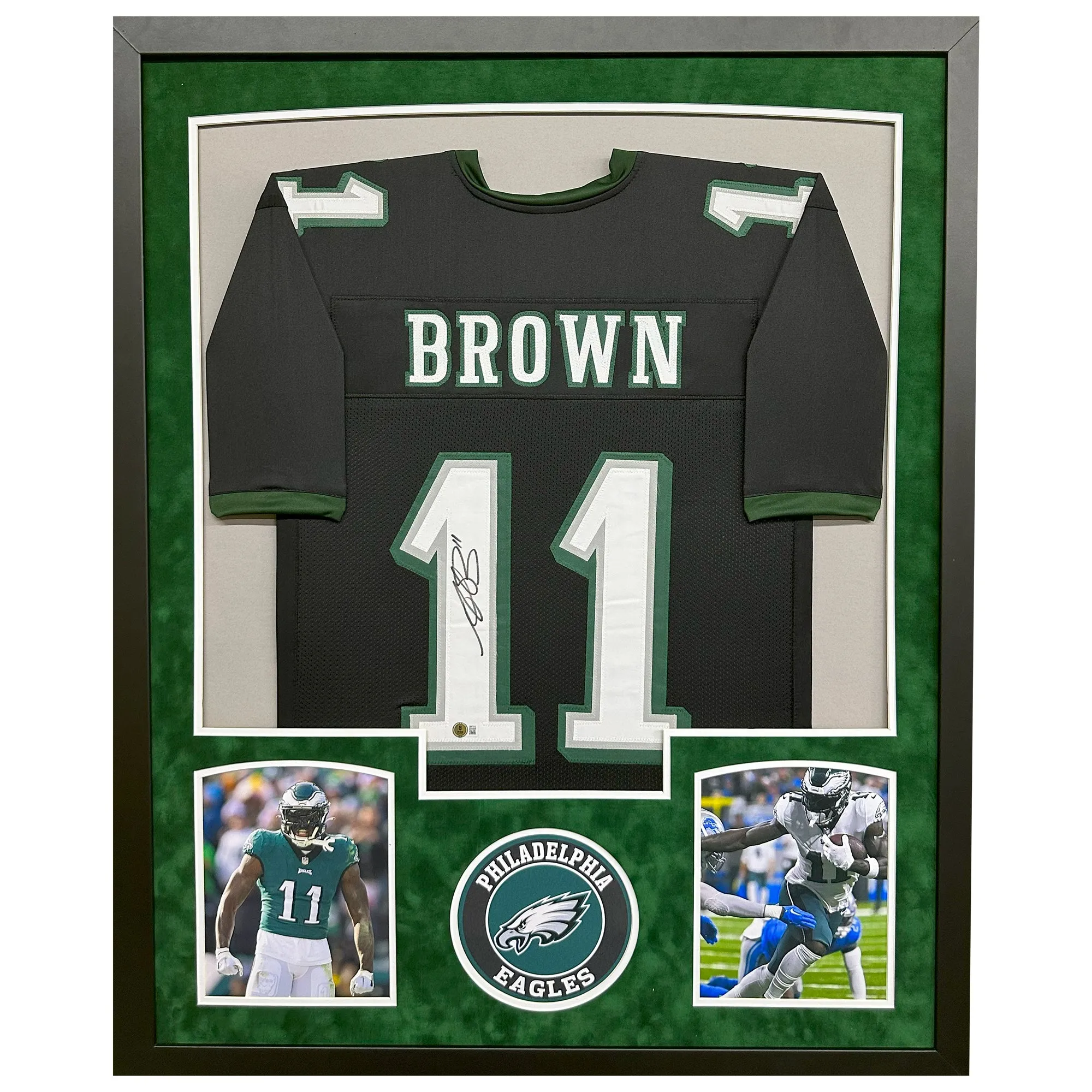 AJ Brown Signed Philadelphia Black Custom Suede Matte Framed Football Jersey