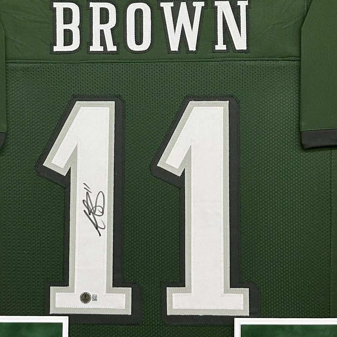 AJ Brown Signed Philadelphia Green Custom Suede Matte Framed Football Jersey