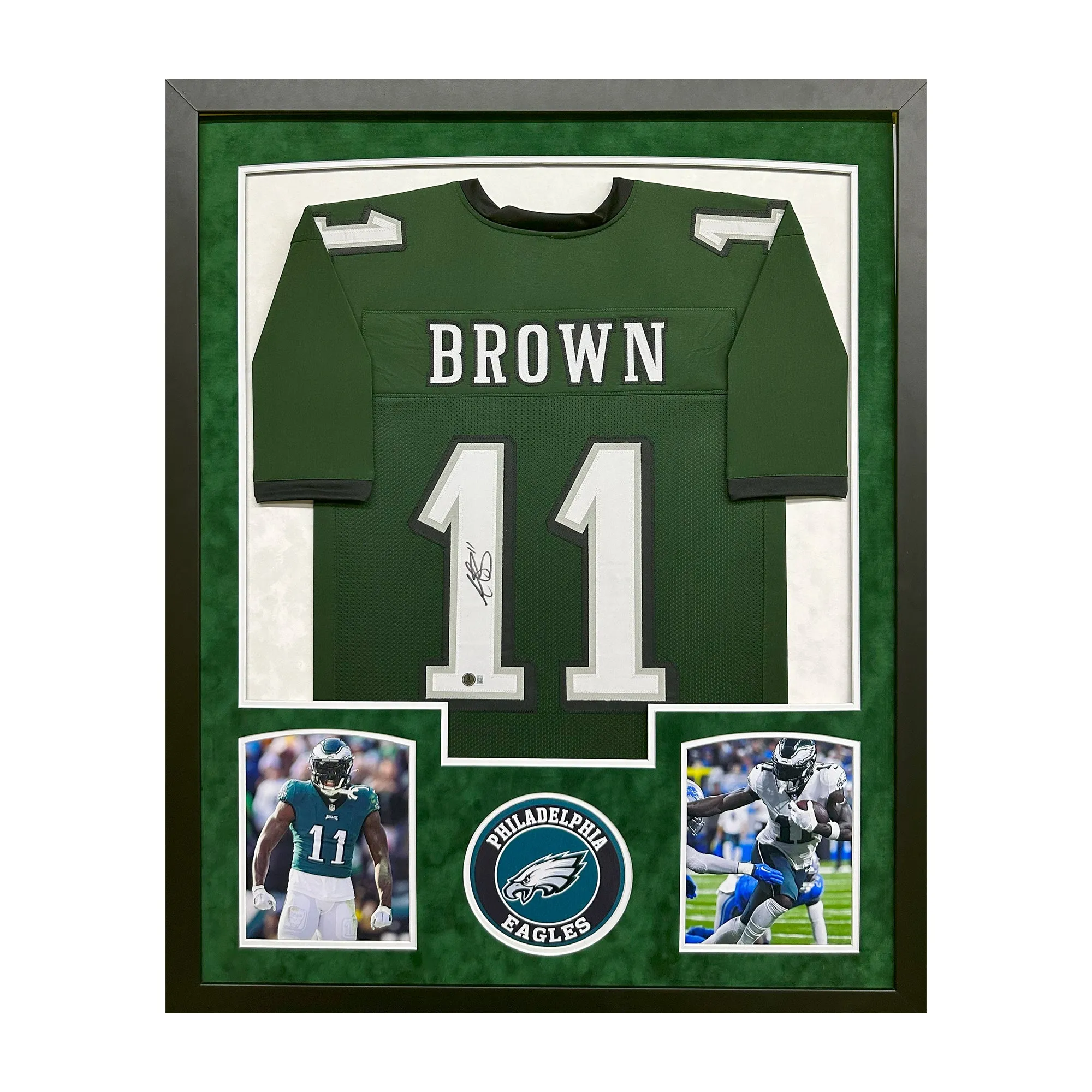 AJ Brown Signed Philadelphia Green Custom Suede Matte Framed Football Jersey