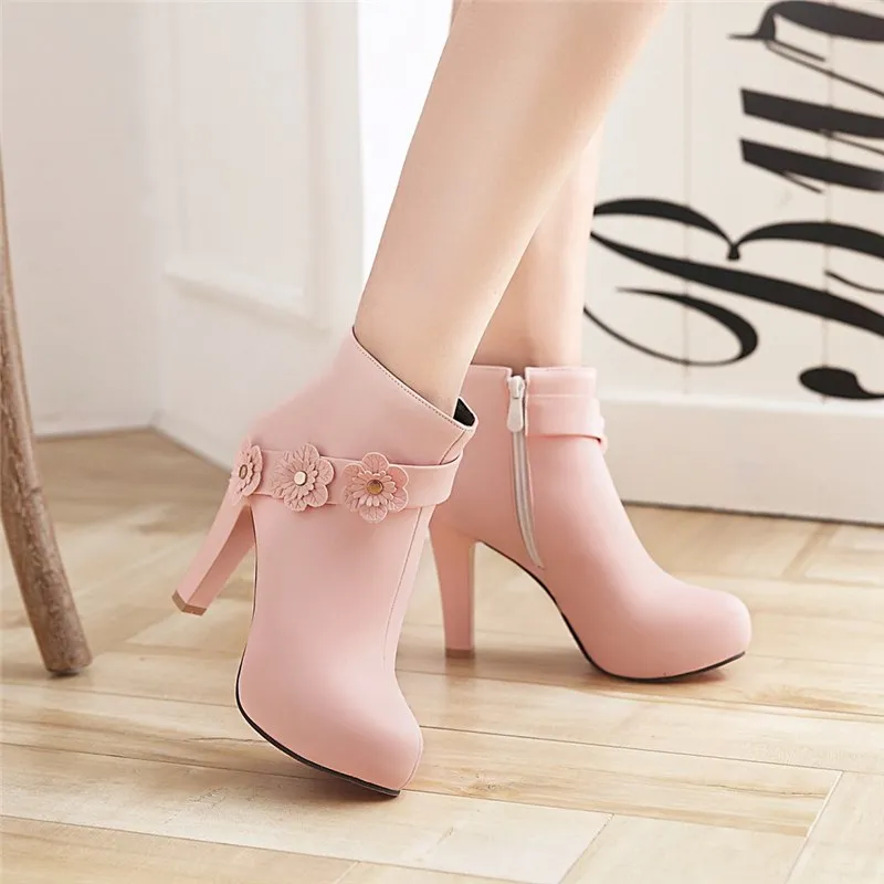 ankle boots flower high heels