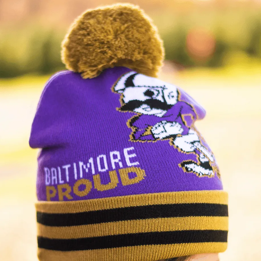 Baltimore Proud Natty Boh Running Back (Purple w/ Gold Pom) / Knit Beanie Cap