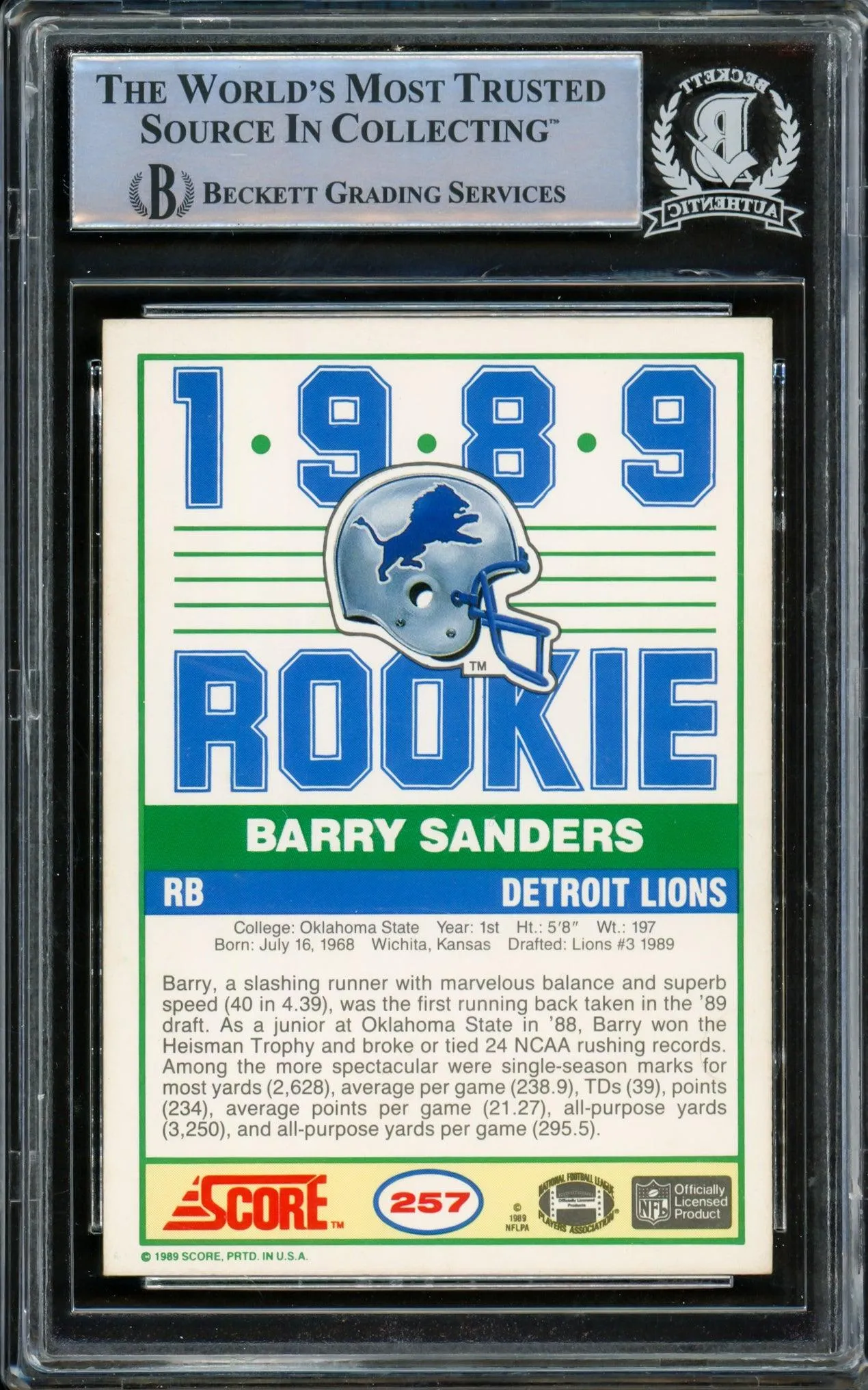 Barry Sanders Autographed 1989 Score Rookie Card #257 Detroit Lions Beckett BAS #14862895