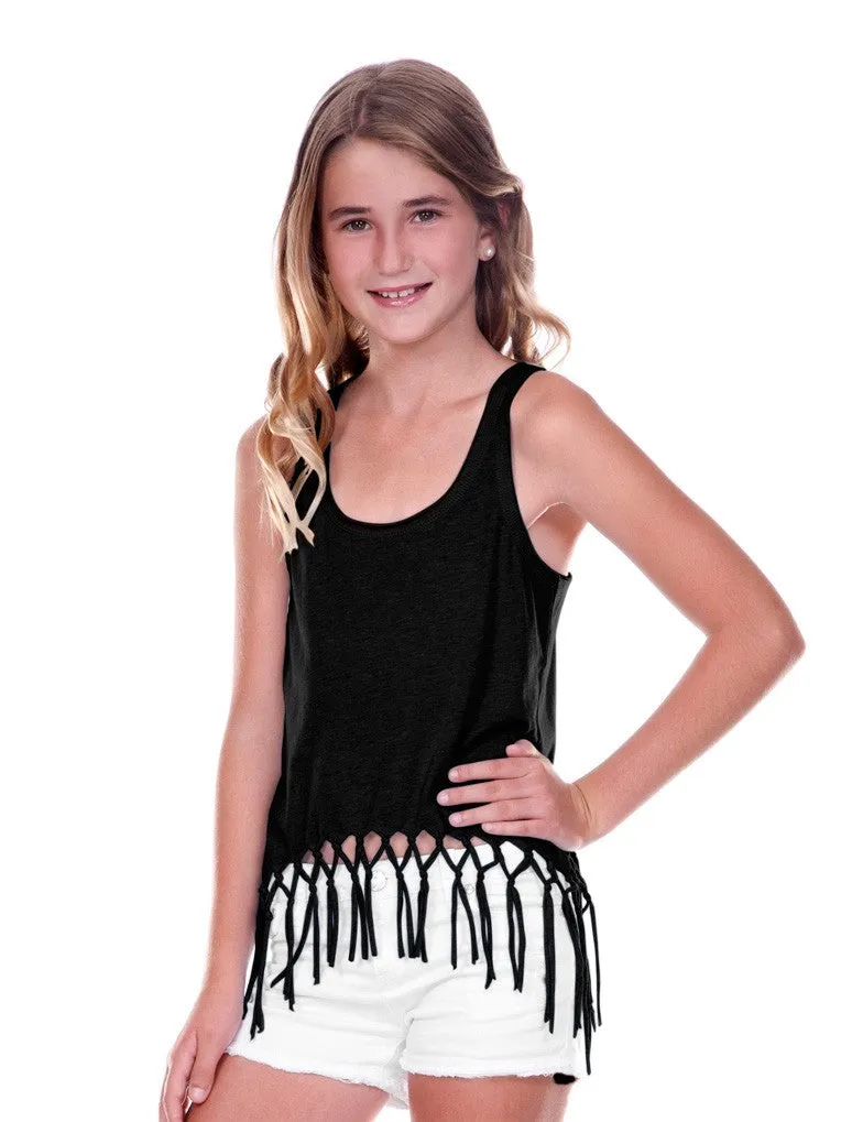 Big Girls Jersey Scoop Neck Macrame Fringe Asymmetrical Tank-f