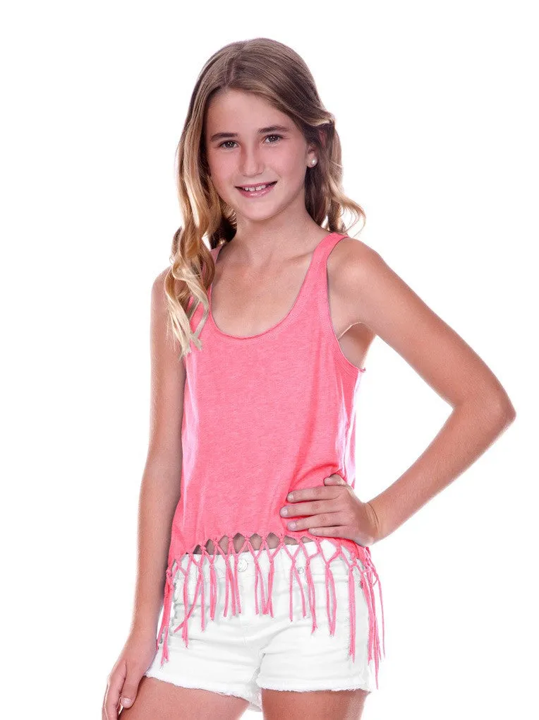 Big Girls Jersey Scoop Neck Macrame Fringe Asymmetrical Tank-f