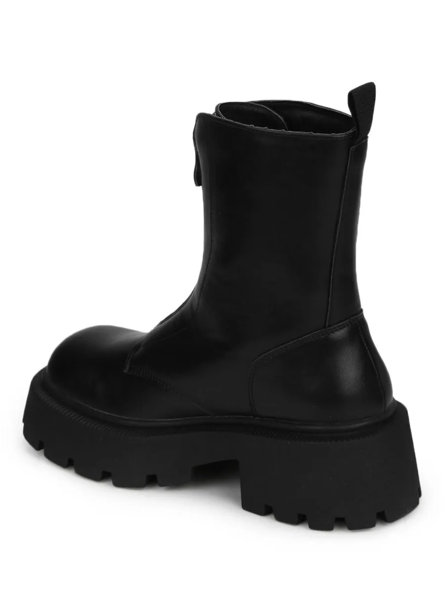 Black PU Combat Ankle Boots With Zip