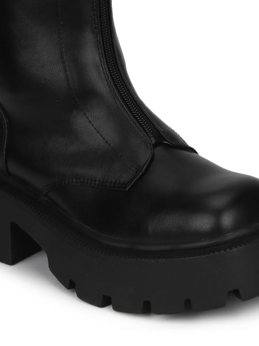 Black PU Combat Ankle Boots With Zip