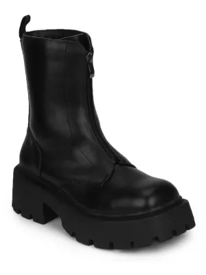 Black PU Combat Ankle Boots With Zip