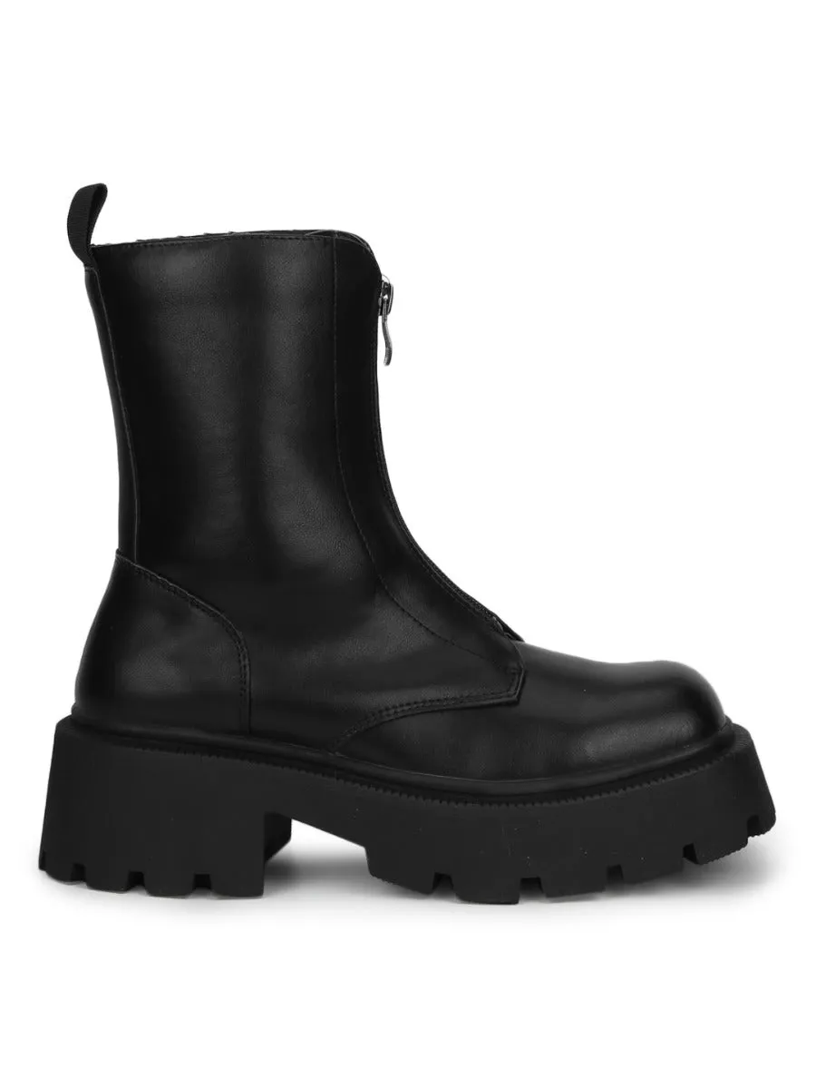 Black PU Combat Ankle Boots With Zip