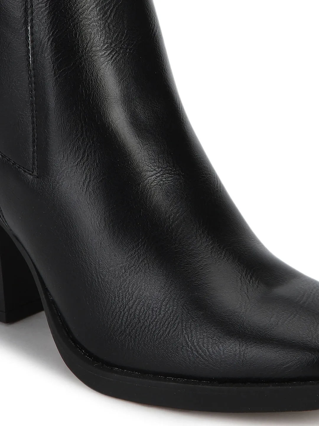 Black PU Low Block Heel Ankle Boots