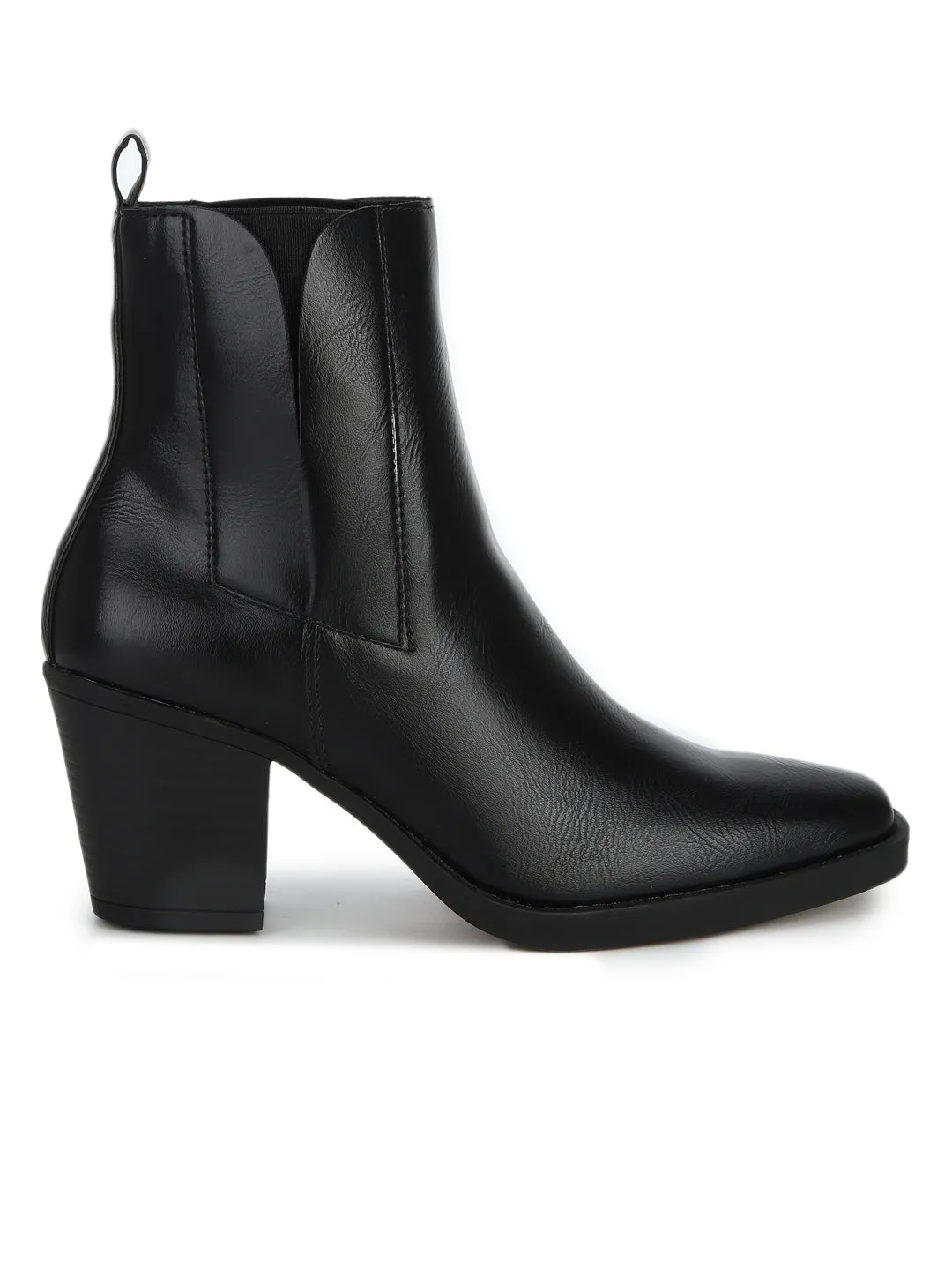 Black PU Low Block Heel Ankle Boots