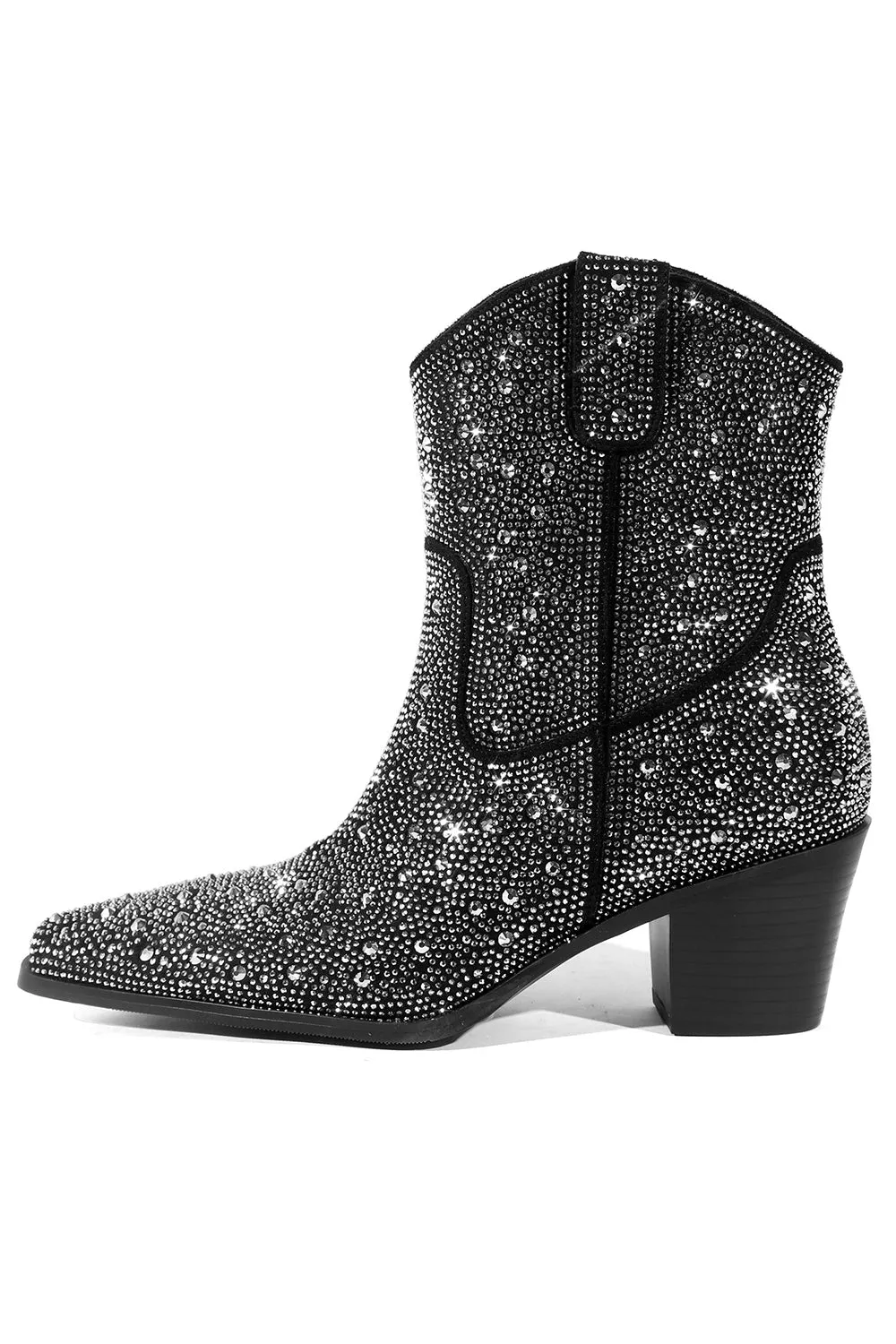 Black Rhinestone Contrast Color Western Ankle Boots