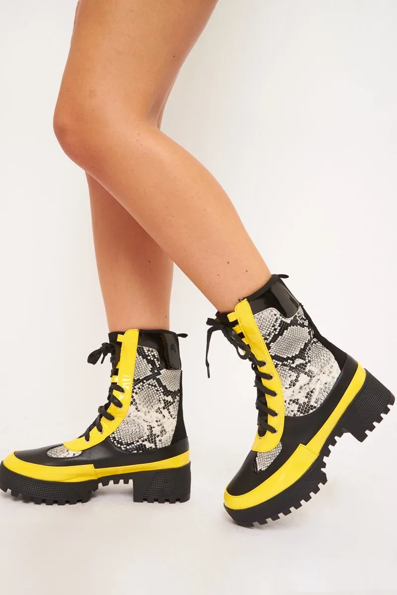 Black Snake Yellow Trim Chunky Lace Up Boots - Darbi