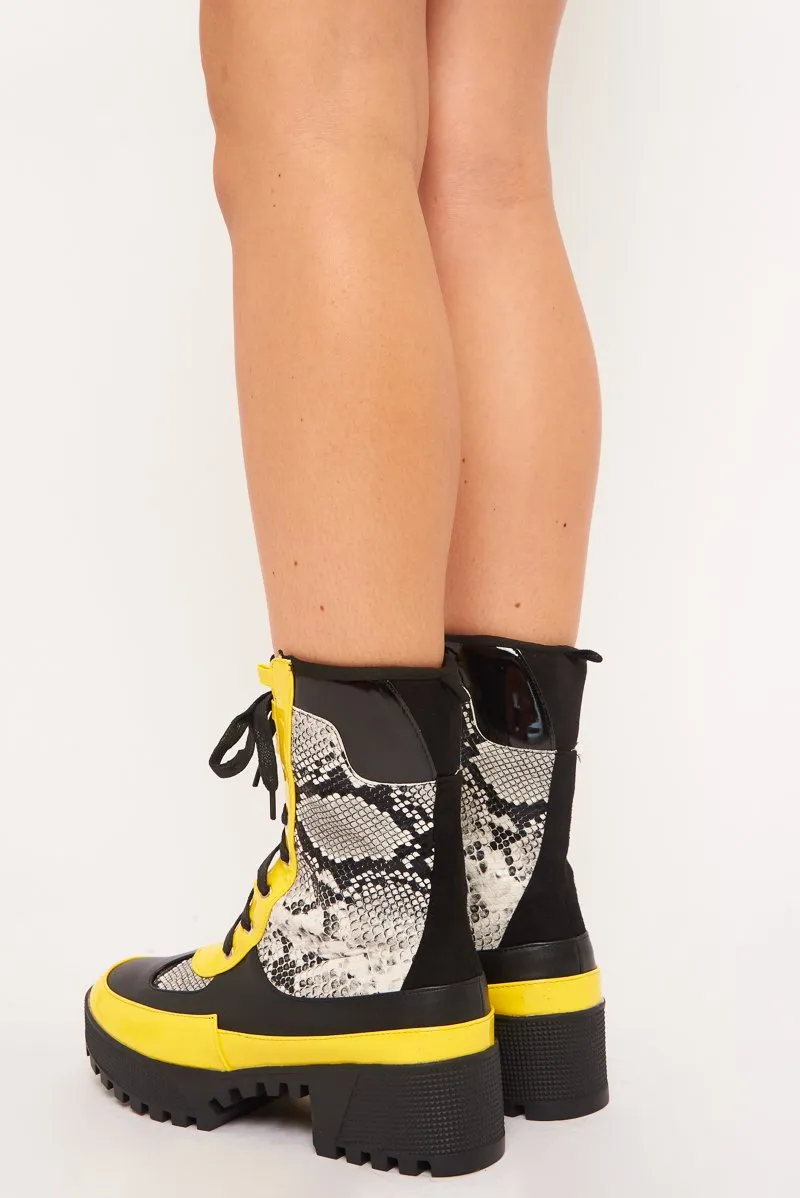 Black Snake Yellow Trim Chunky Lace Up Boots - Darbi