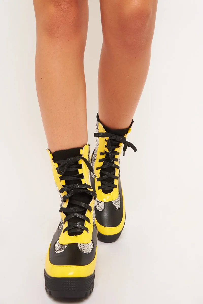 Black Snake Yellow Trim Chunky Lace Up Boots - Darbi