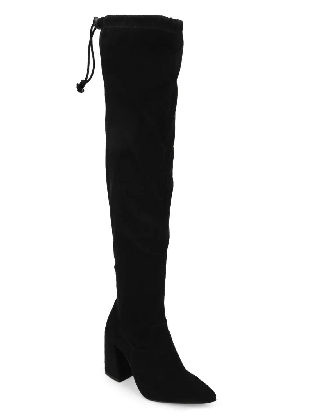 Black Suede Block Heel Thigh High Boots (ST-1181)