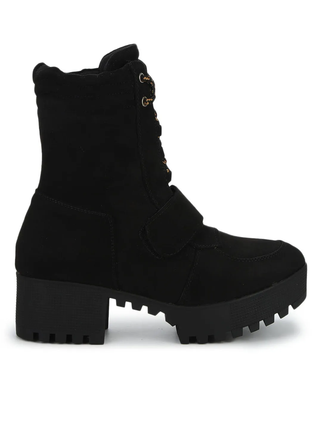 Black Suede Cleated Bottom Low Heel Ankle Boots