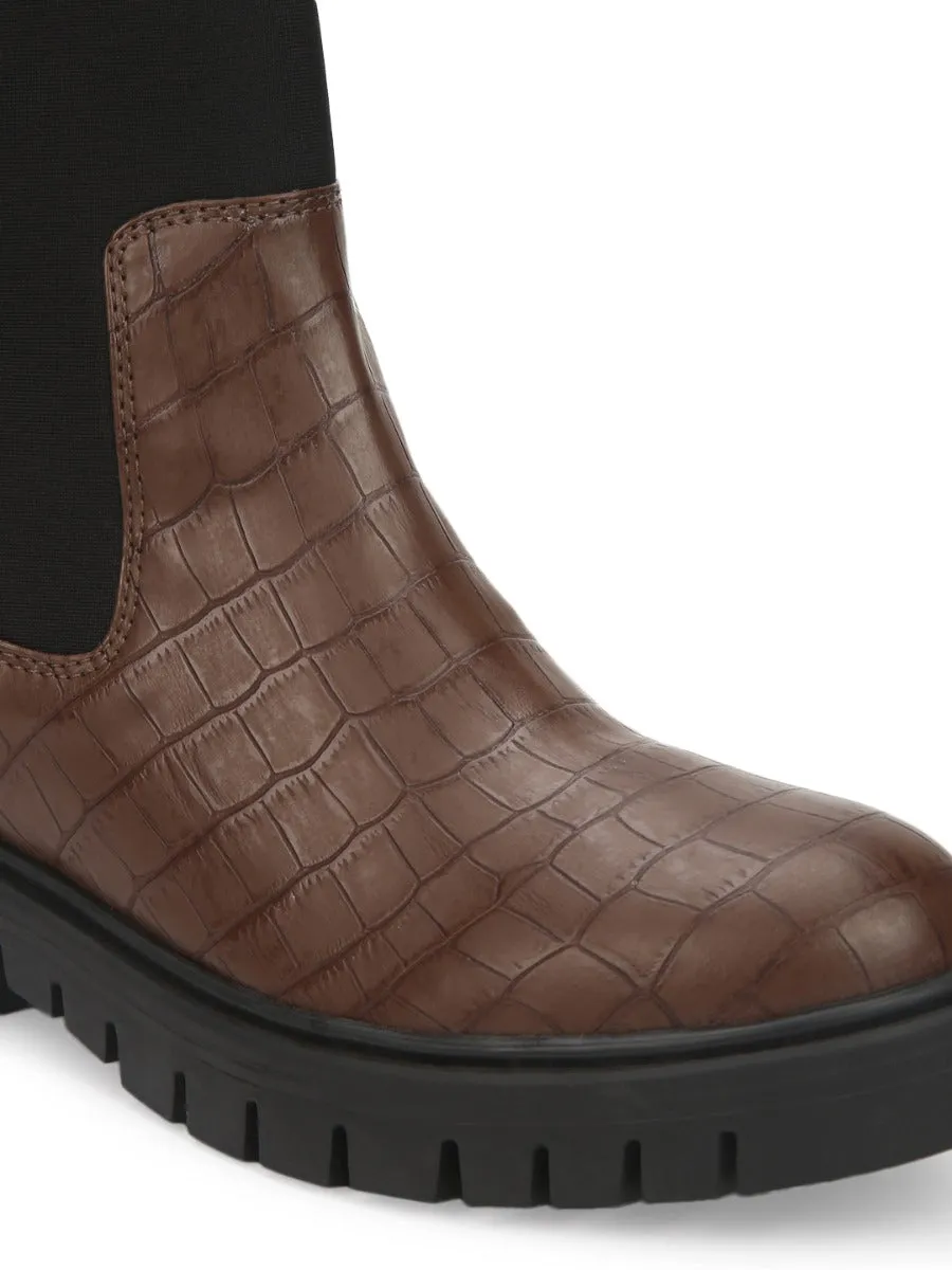 Brown Croc PU Cleated Bottom Ankle Boots