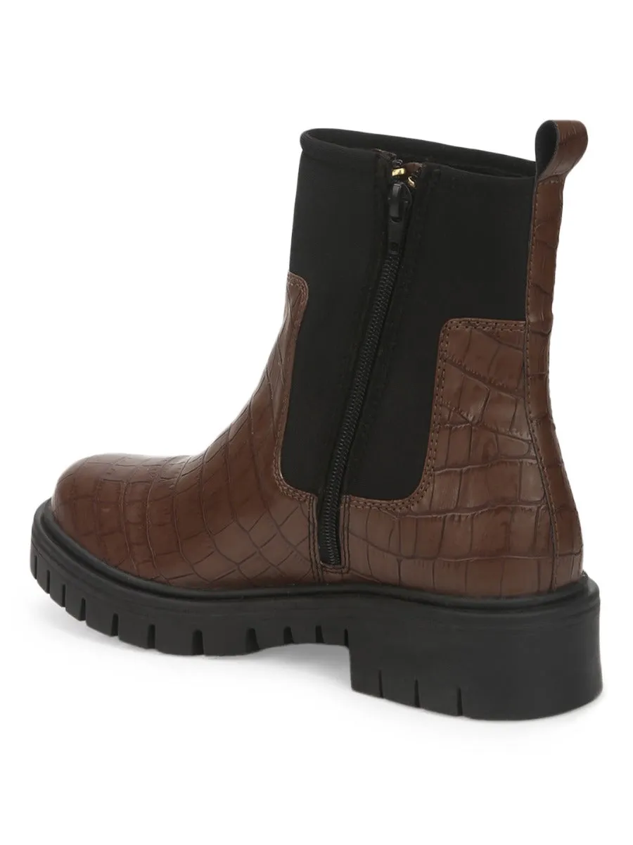 Brown Croc PU Cleated Bottom Ankle Boots