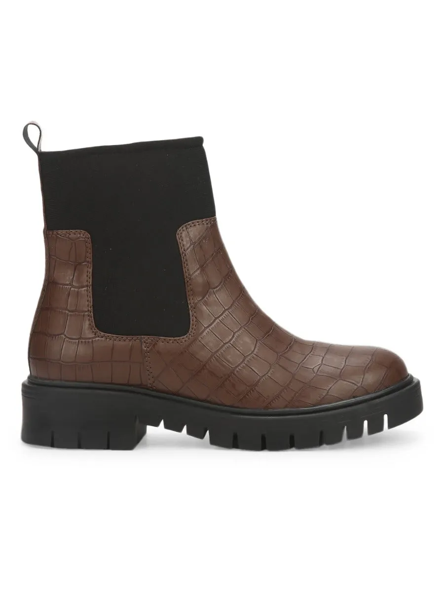 Brown Croc PU Cleated Bottom Ankle Boots