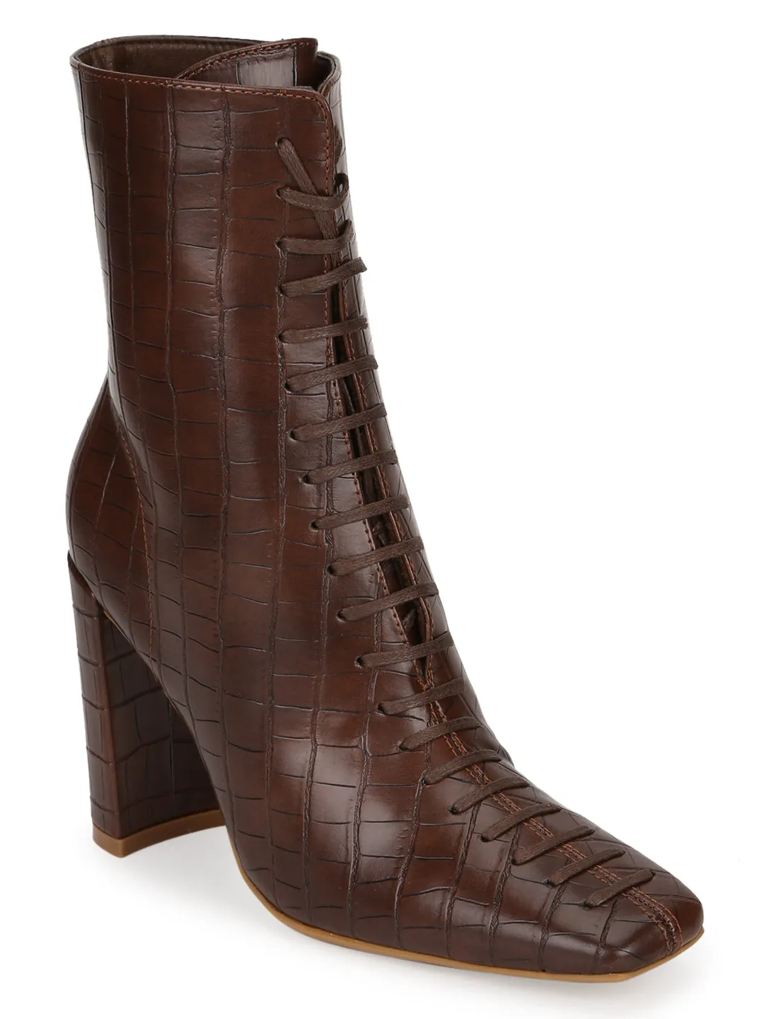 Brown Croc PU Lace Up Ankle Boots