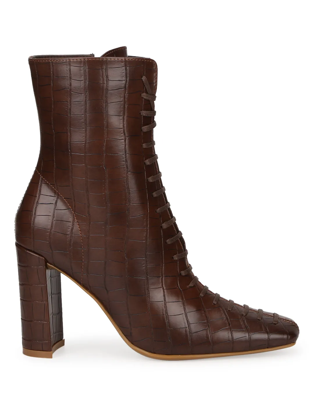 Brown Croc PU Lace Up Ankle Boots