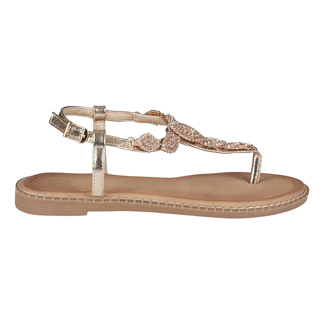 Cali Gold Jeweled T-Strap Slingback Flat Sandals