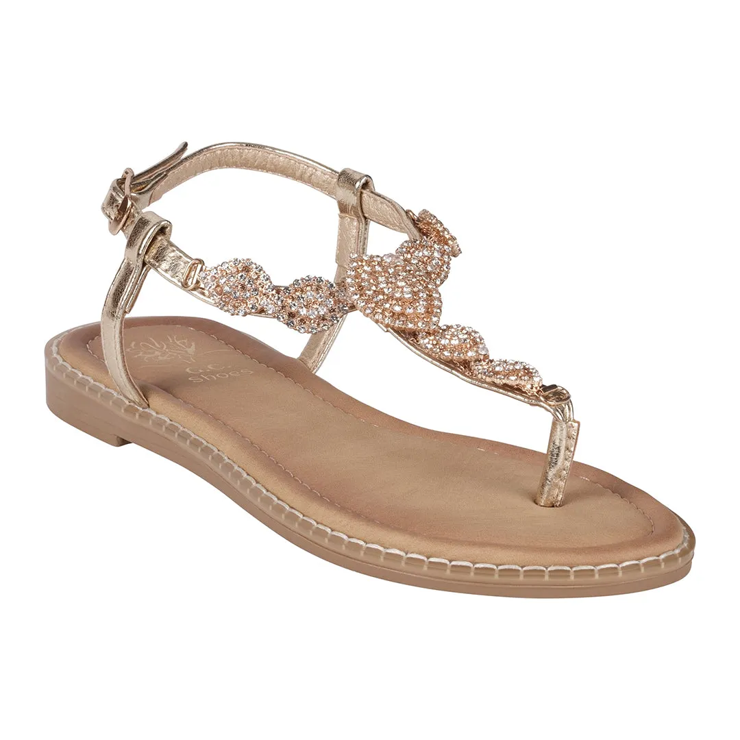 Cali Gold Jeweled T-Strap Slingback Flat Sandals