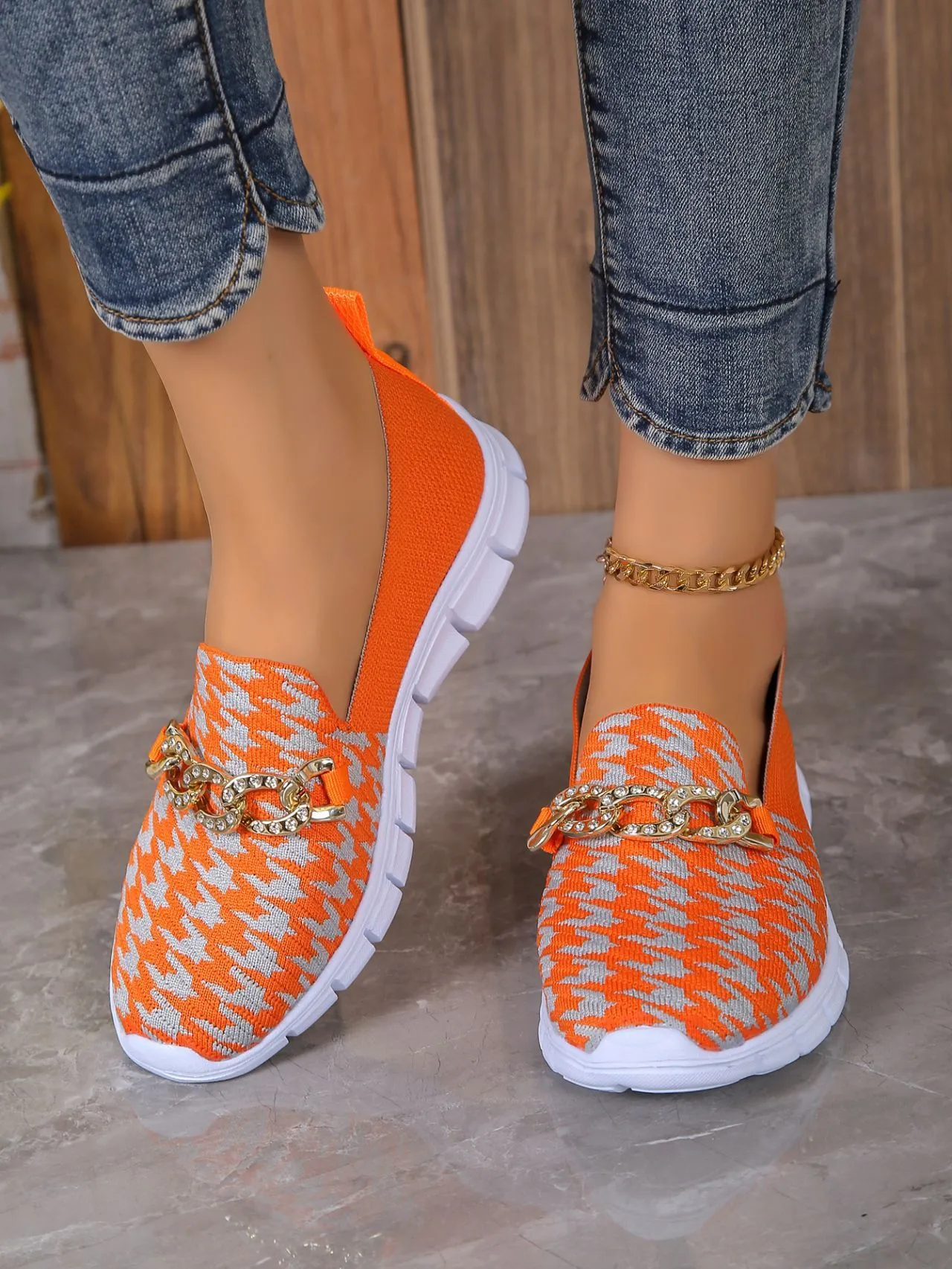 Casual Houndstooth Print Chain Mesh Shoes Summer Walking Sports Flat Shoes Women Breathable Loafers