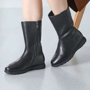 Chic Genuine Leather Round Toe Side Zip Low Heels Short Boots In Black Short Plush