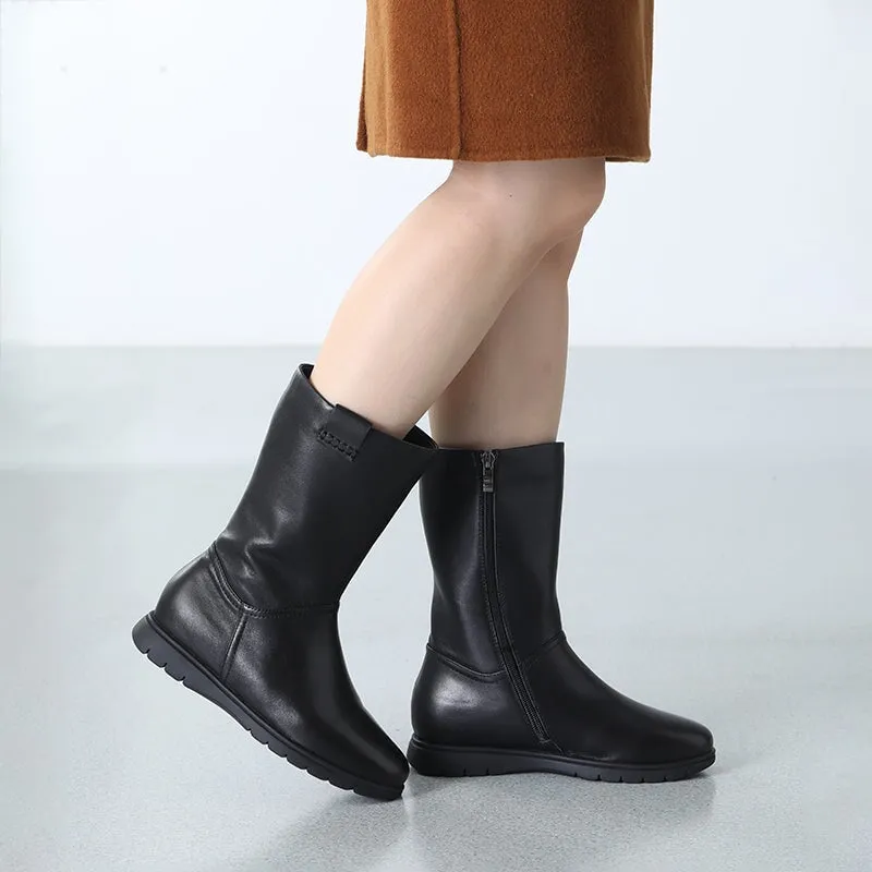 Chic Genuine Leather Round Toe Side Zip Low Heels Short Boots In Black Short Plush