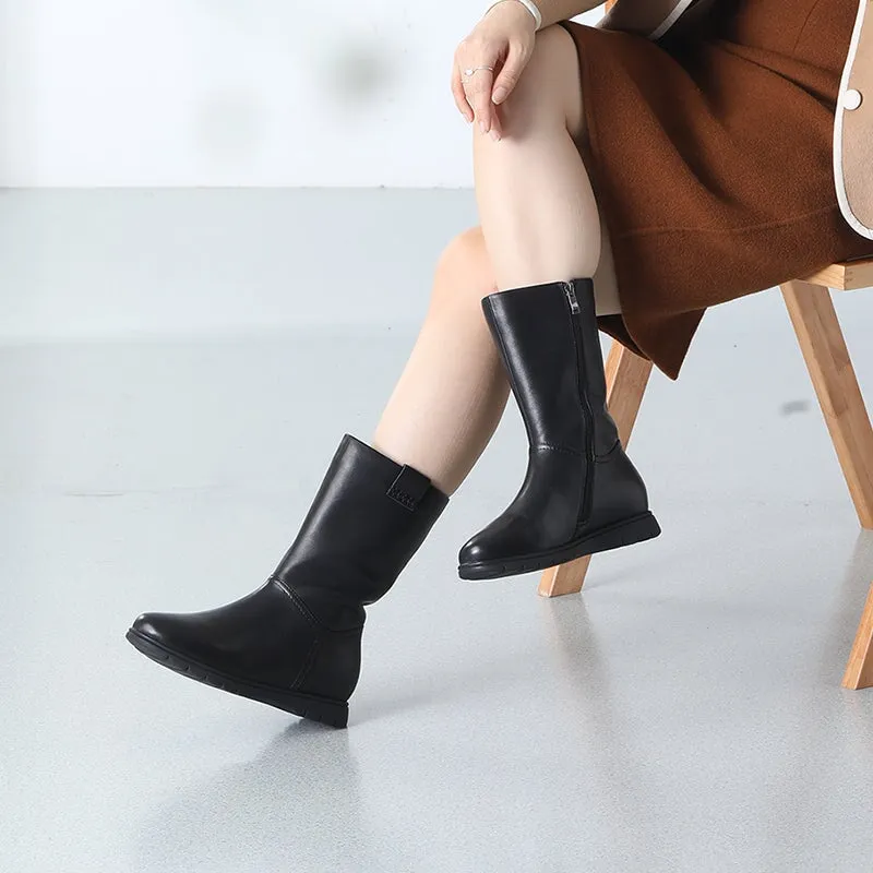 Chic Genuine Leather Round Toe Side Zip Low Heels Short Boots In Black Short Plush