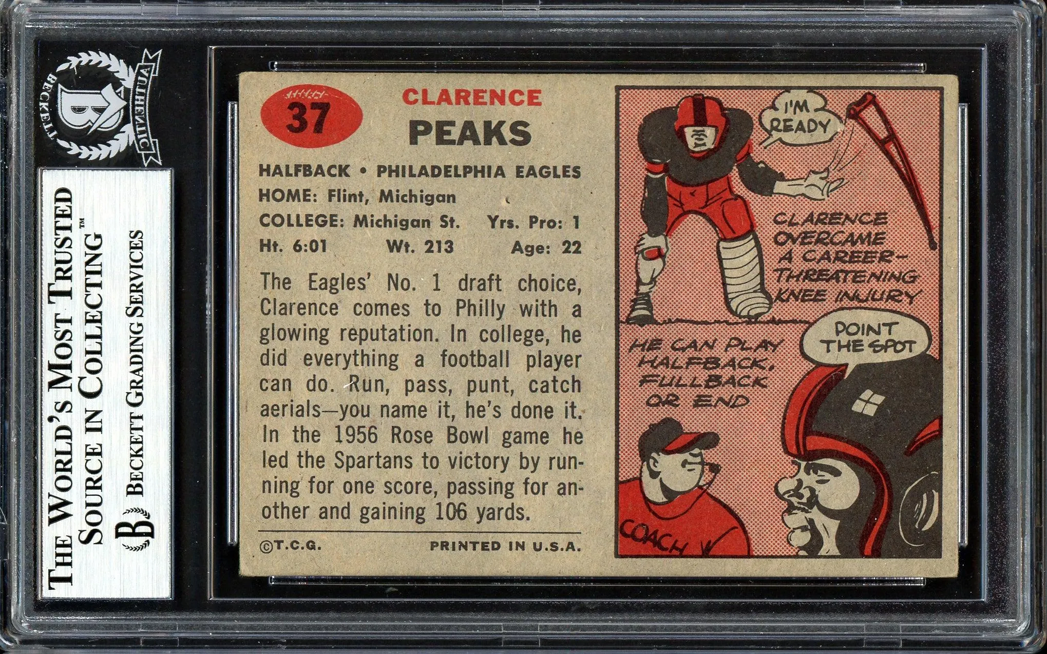 Clarence Peaks Autographed 1957 Topps Rookie Card #37 Philadelphia Eagles Beckett BAS #13608268