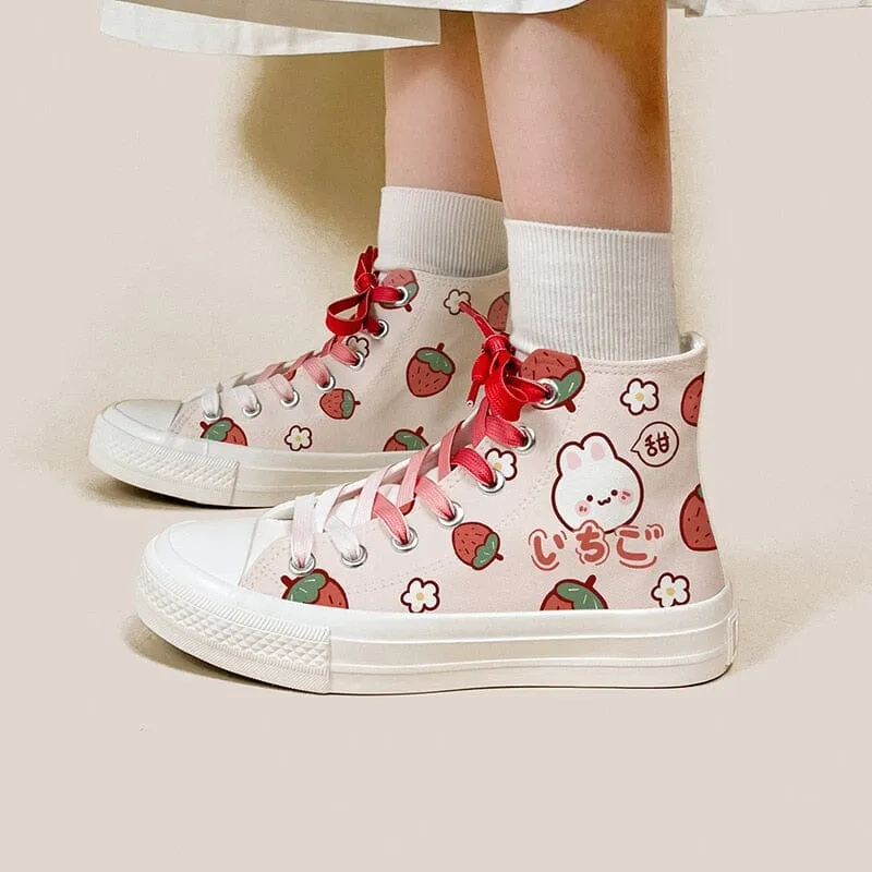 *CLEARANCE* Kawaii Strawberry Bunny High Top Canvas Shoes - Women's