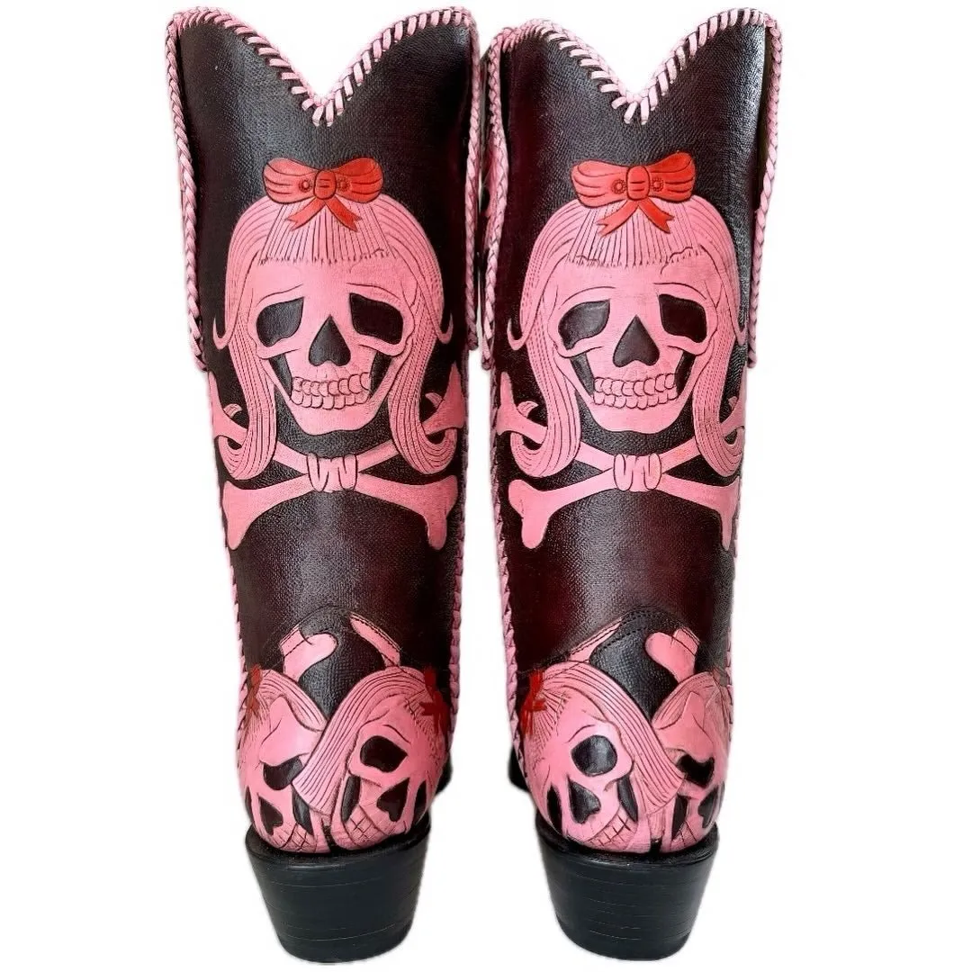 CRAZY HORSE Vintage Custom Handmade Tooled Skull Pink Cowboy Boots