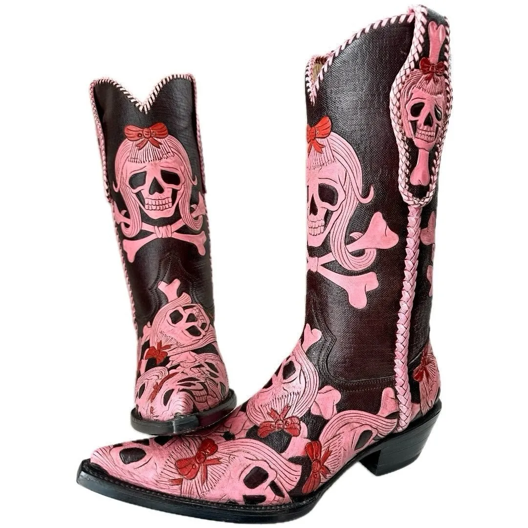 CRAZY HORSE Vintage Custom Handmade Tooled Skull Pink Cowboy Boots