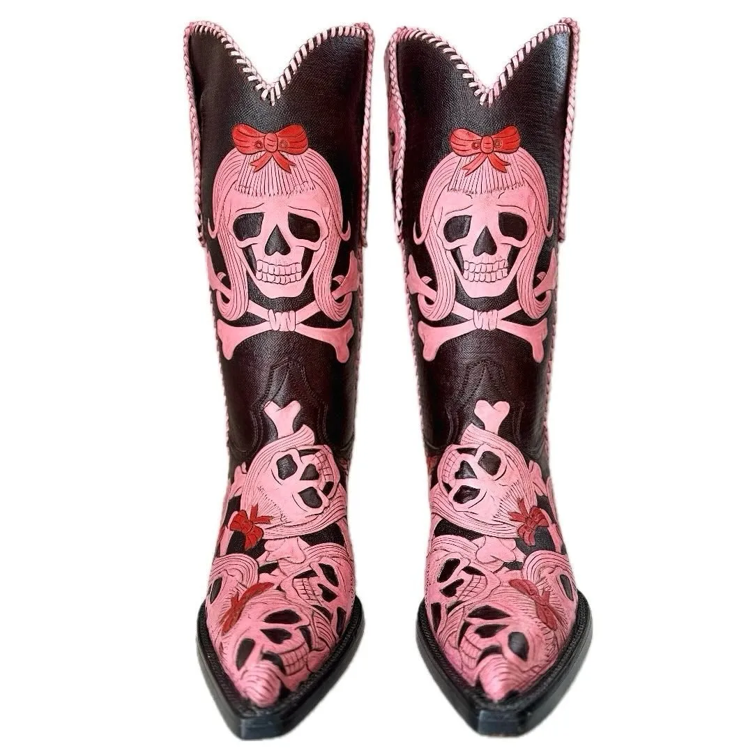 CRAZY HORSE Vintage Custom Handmade Tooled Skull Pink Cowboy Boots