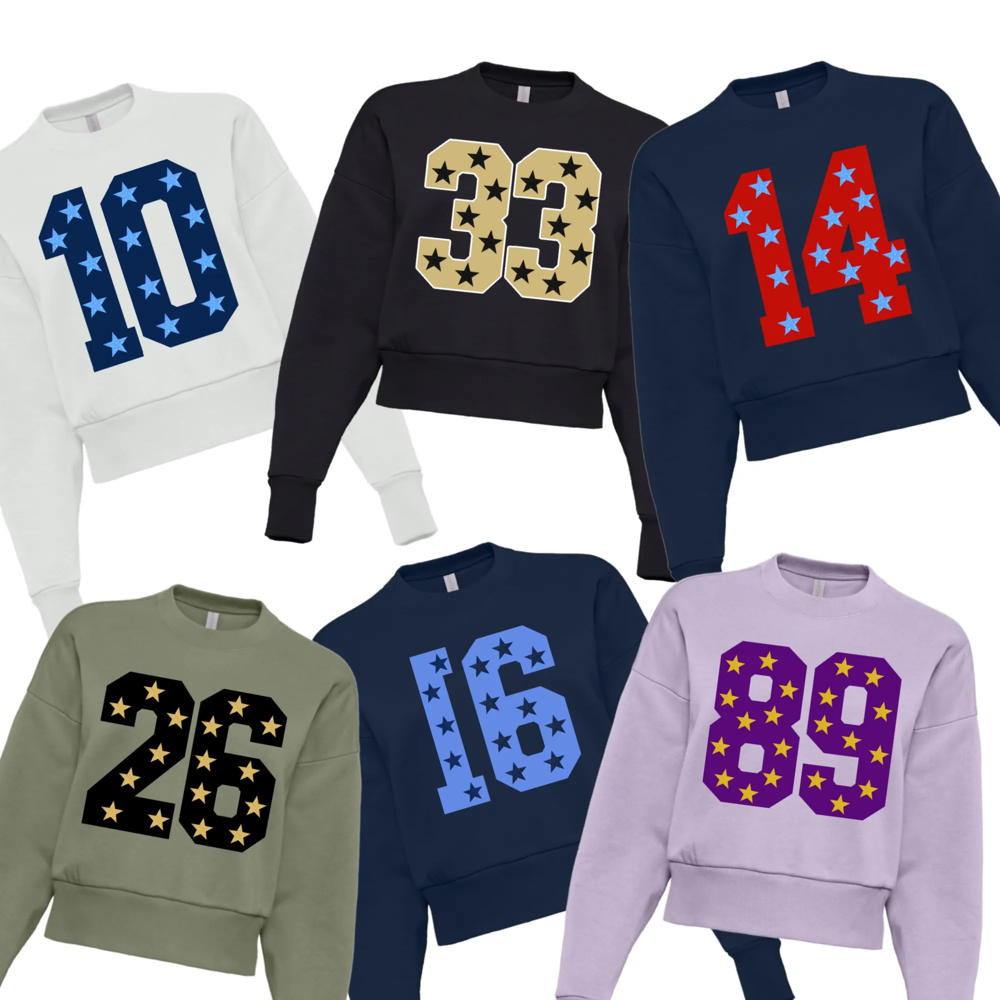 CROPPED Custom Number School Colors Sports Sweatshirt -(Lots of Color Options) Football/Soccer/ Volleyball/ Baseball/ Softball Mom Sweatshirt with Number -Faux Glitter Stars