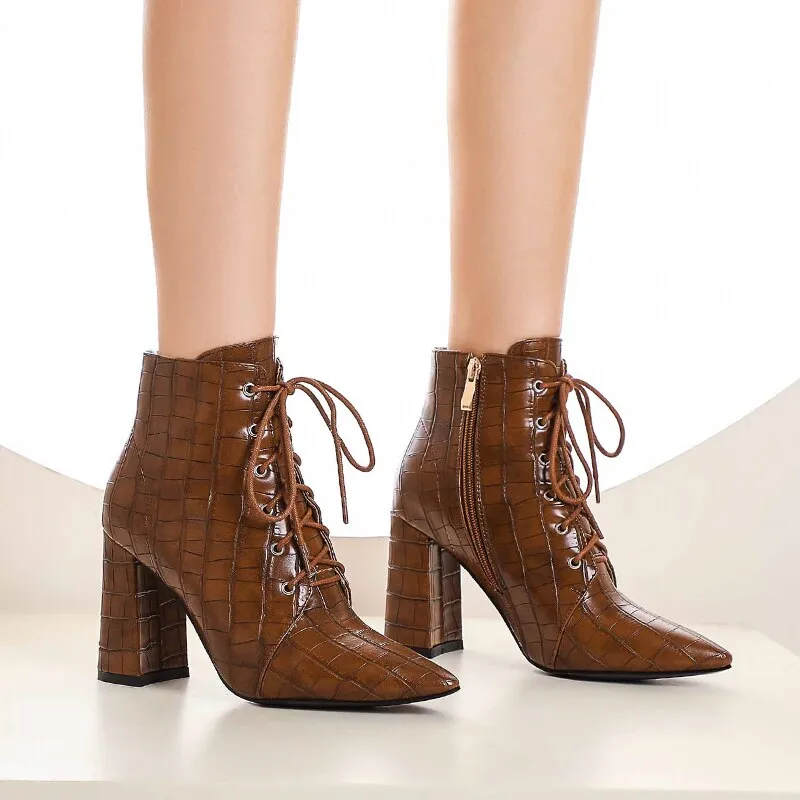 Cross Lace-Up Pointed Toe Ankle Boots