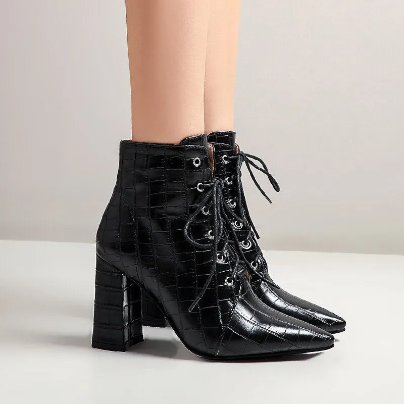 Cross Lace-Up Pointed Toe Ankle Boots