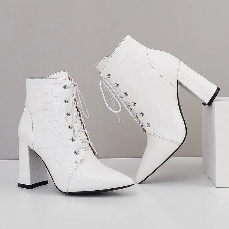 Cross Lace-Up Pointed Toe Ankle Boots