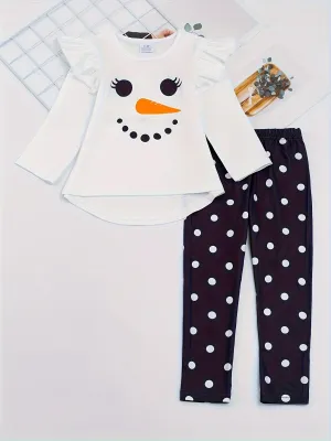 Cute Christmas Sets Girls 2pcs Snowman Design Flutter Trim Top   Pants Kids Clothes For Fall outdoors