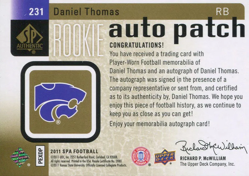 Daniel Thomas Autographed 2011 Upper Deck SP Rookie Jersey Card