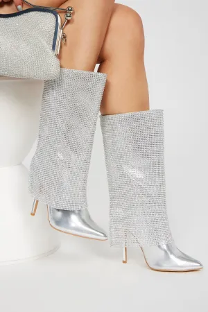 Demi Embellished Overlay Knee High Boots - Silver