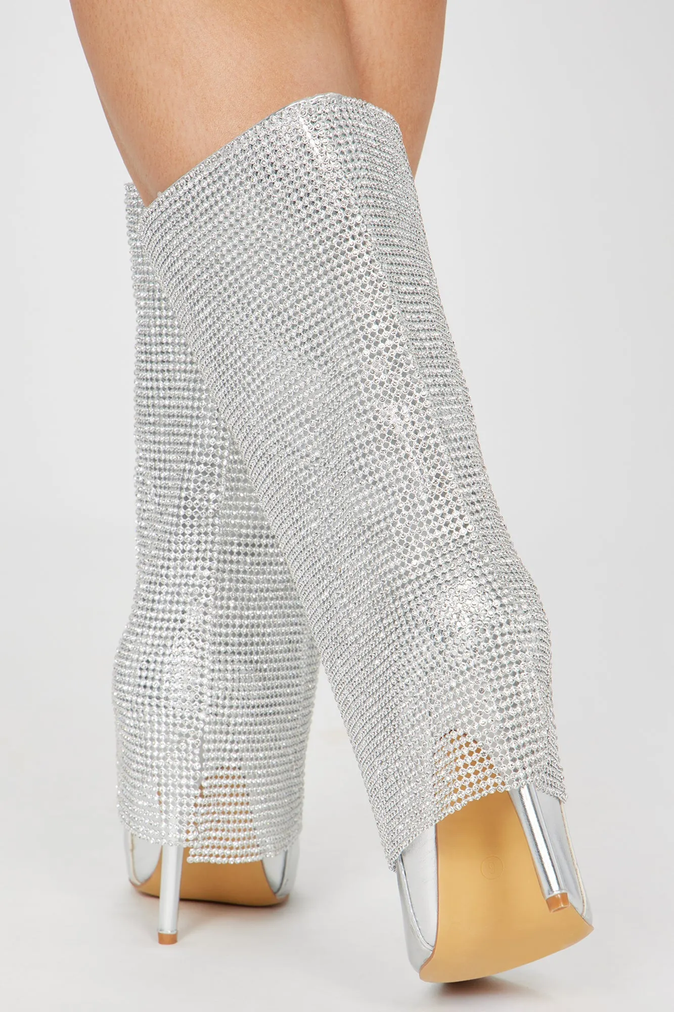 Demi Embellished Overlay Knee High Boots - Silver