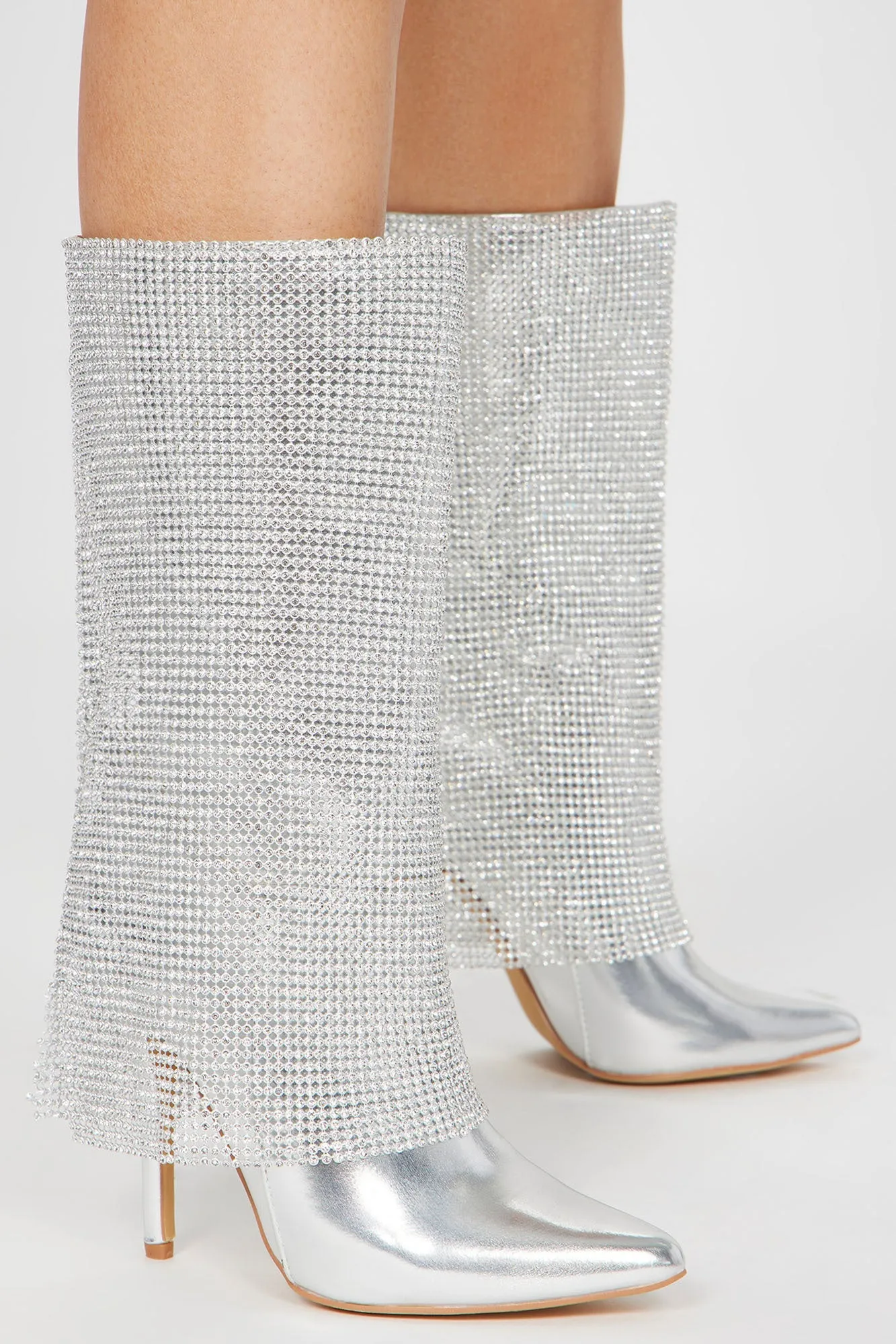 Demi Embellished Overlay Knee High Boots - Silver