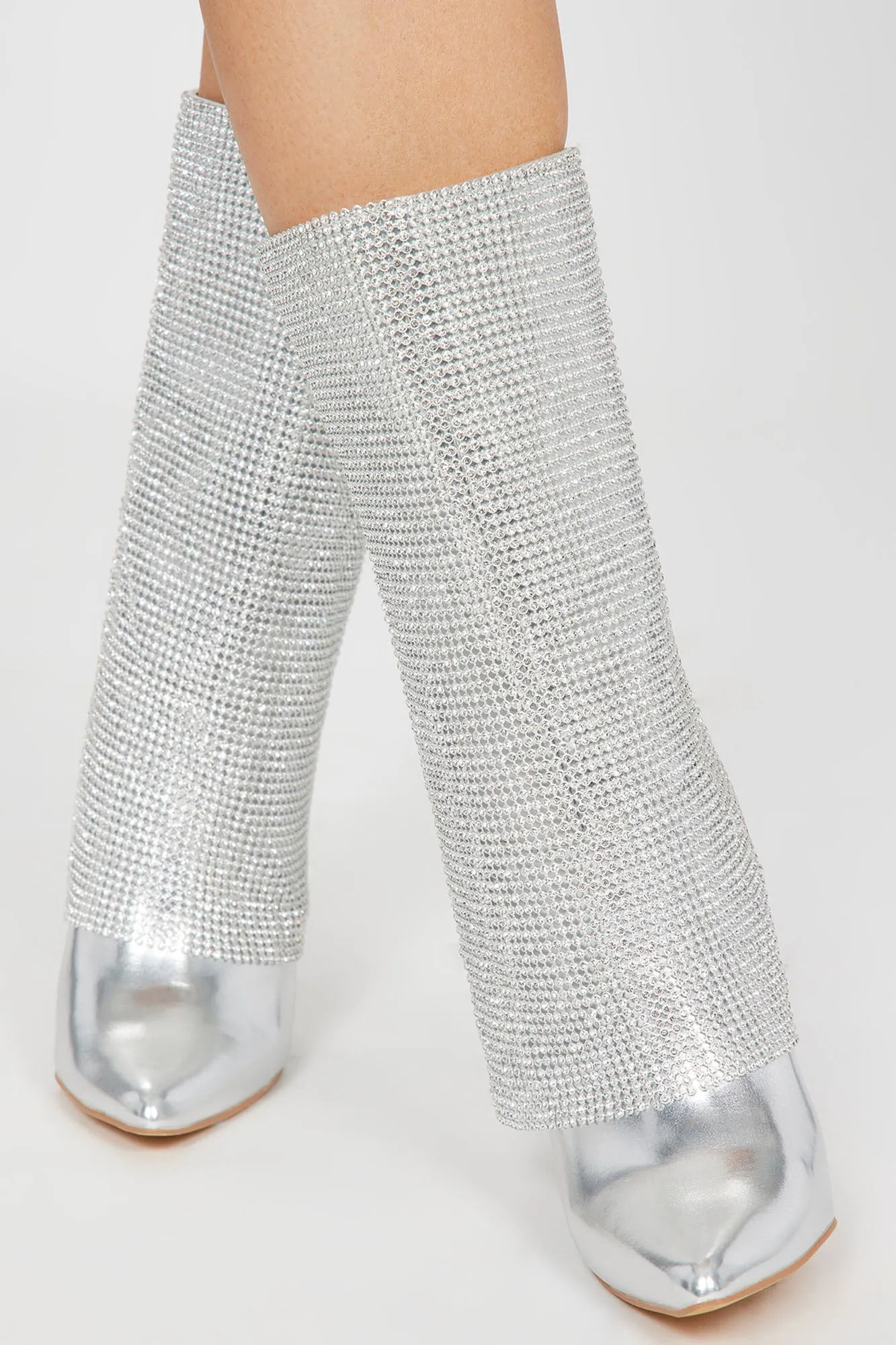 Demi Embellished Overlay Knee High Boots - Silver